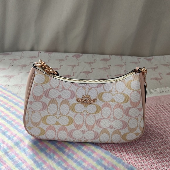 Coach Handbags - Coach Pink and Cream Signature Mini Shoulder Bag